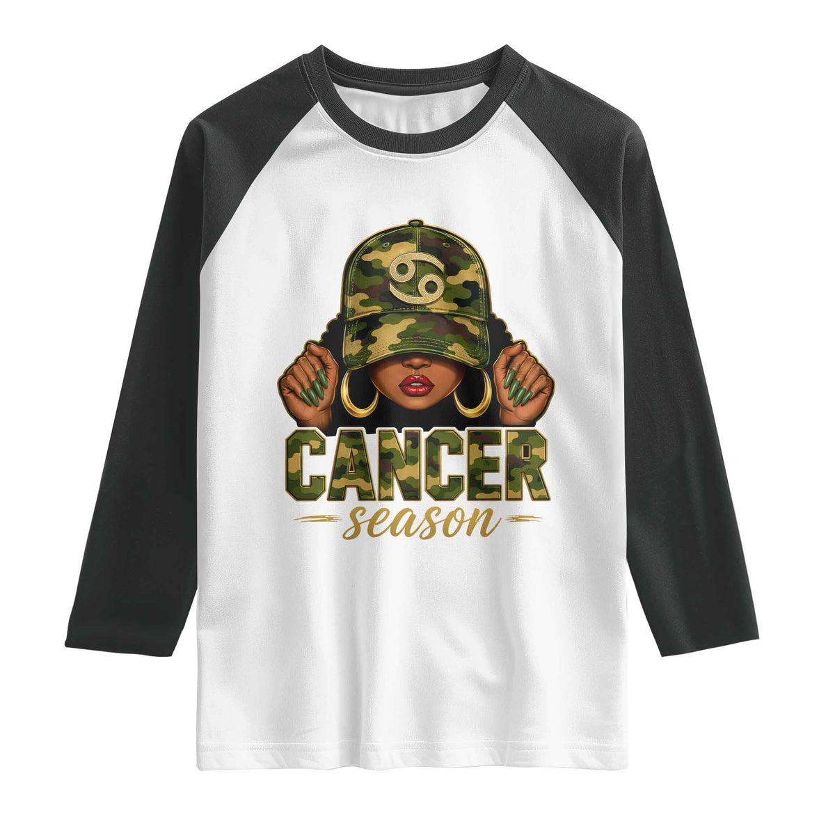 Zodiac Queen Cancer Season Retro Camo Camouflage Graphic Raglan Shirt June July Horoscope Birthday Gift Melanin Women