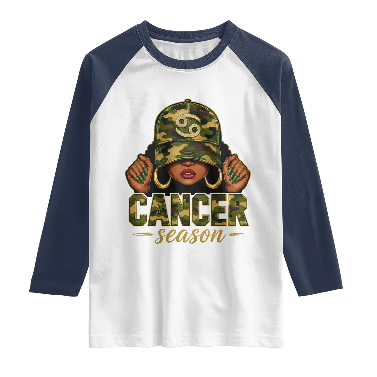 Zodiac Queen Cancer Season Retro Camo Camouflage Graphic Raglan Shirt June July Horoscope Birthday Gift Melanin Women