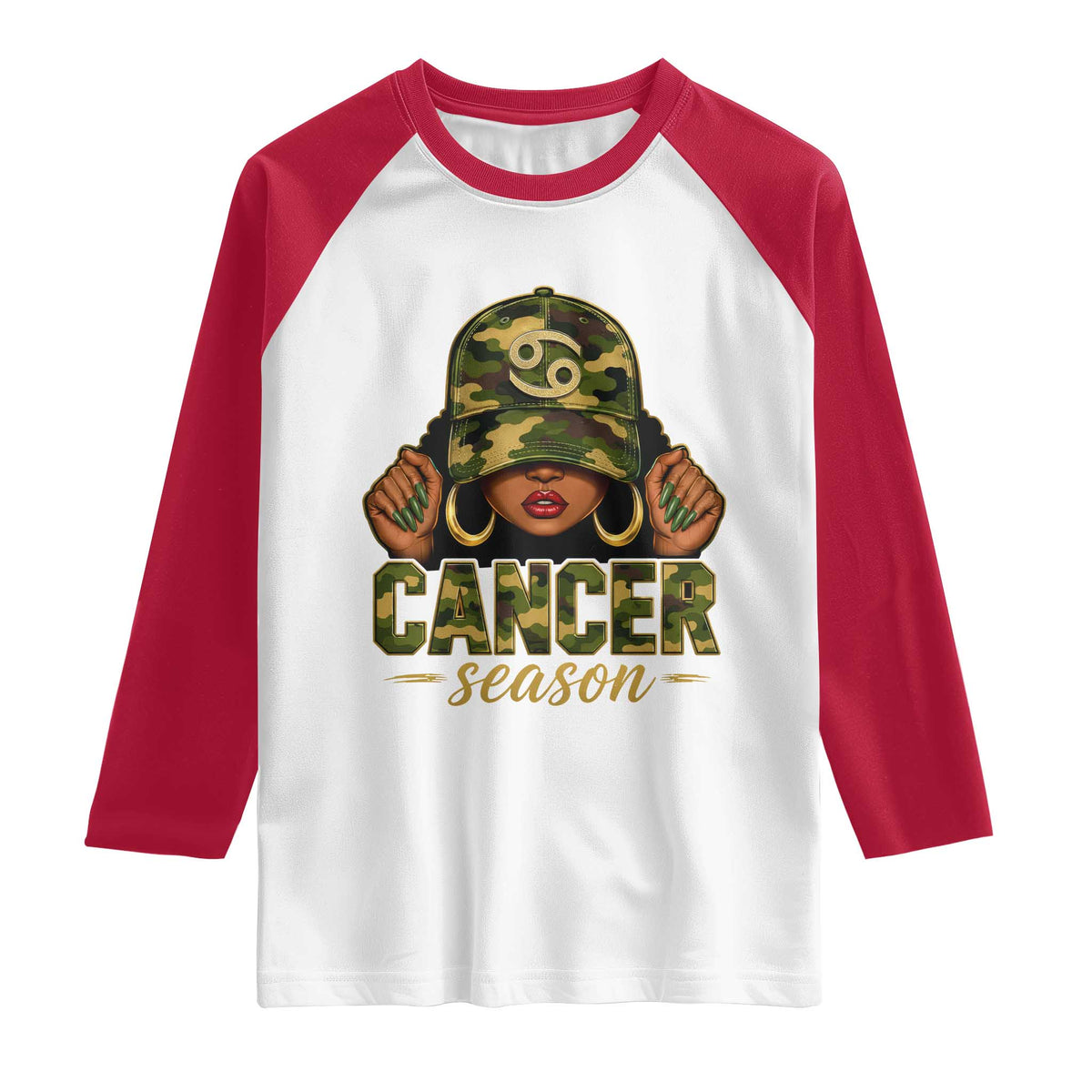 Zodiac Queen Cancer Season Retro Camo Camouflage Graphic Raglan Shirt June July Horoscope Birthday Gift Melanin Women