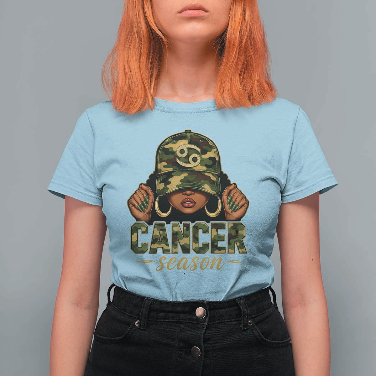 Zodiac Queen Cancer Season Retro Camo Camouflage Graphic T Shirt For Women June July Horoscope Birthday Gift Melanin Women