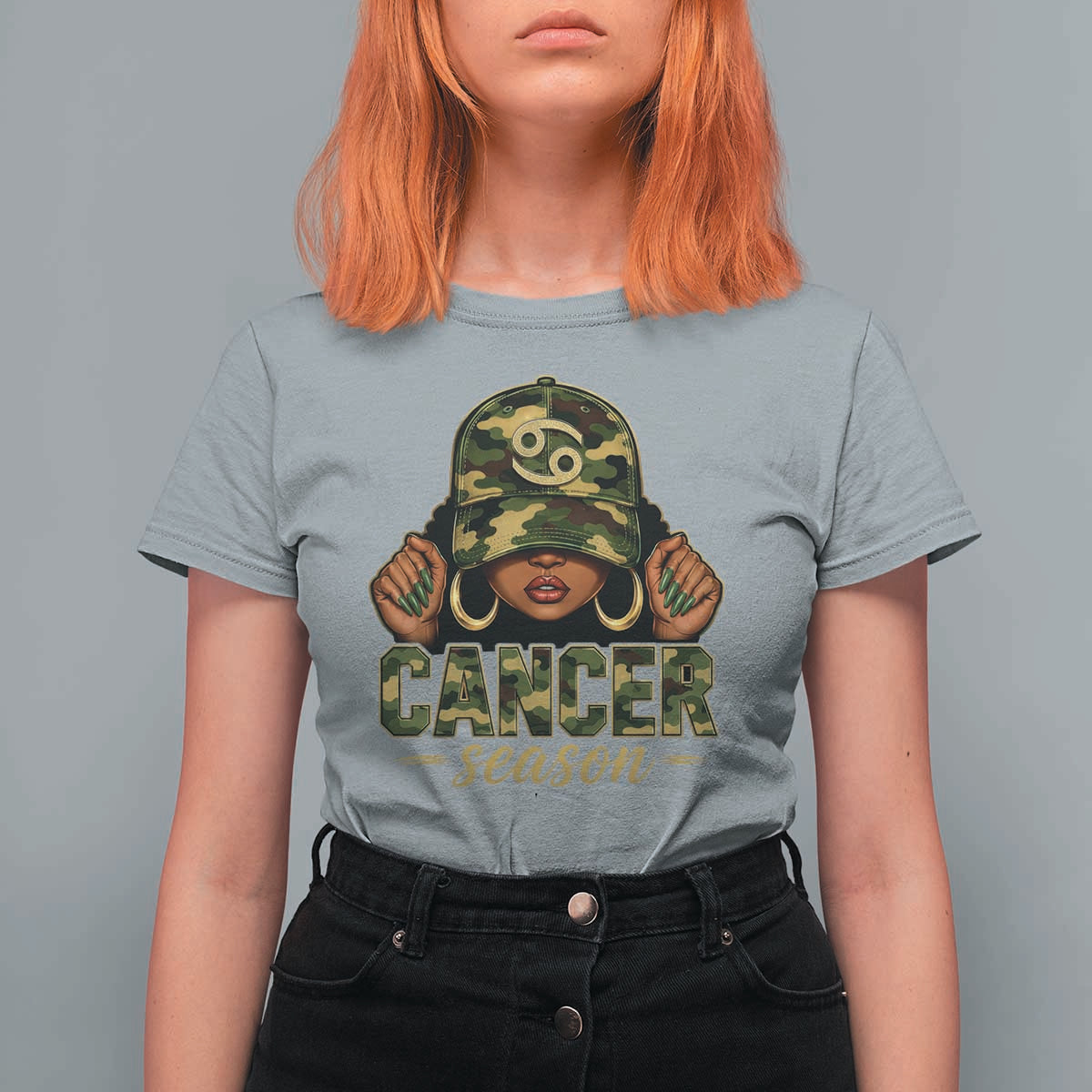 Zodiac Queen Cancer Season Retro Camo Camouflage Graphic T Shirt For Women June July Horoscope Birthday Gift Melanin Women