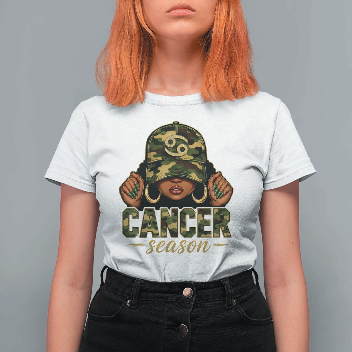 Zodiac Queen Cancer Season Retro Camo Camouflage Graphic T Shirt For Women June July Horoscope Birthday Gift Melanin Women