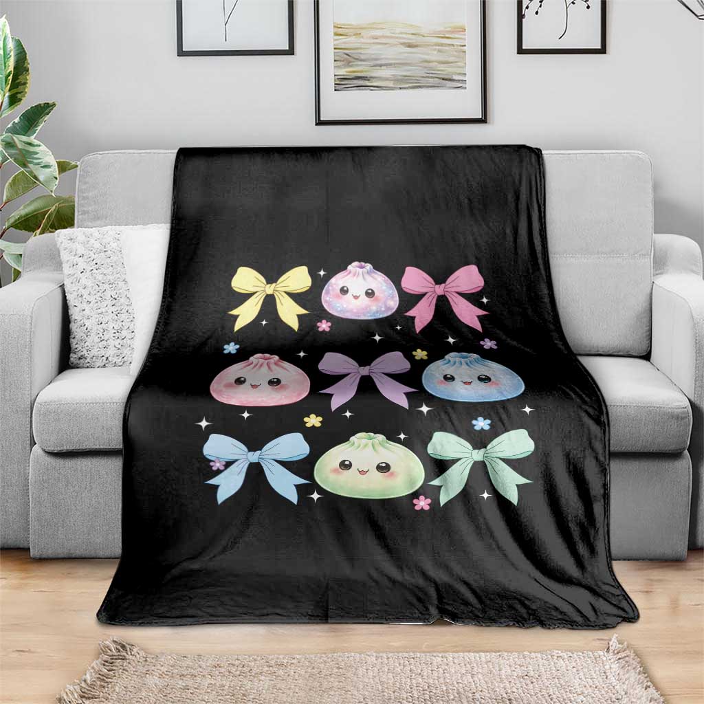 Kawaii Dumpling and Bows Aesthetic Graphic Throw Blanket Cute Pastel Bao Dim Sum Coquette Aesthetic