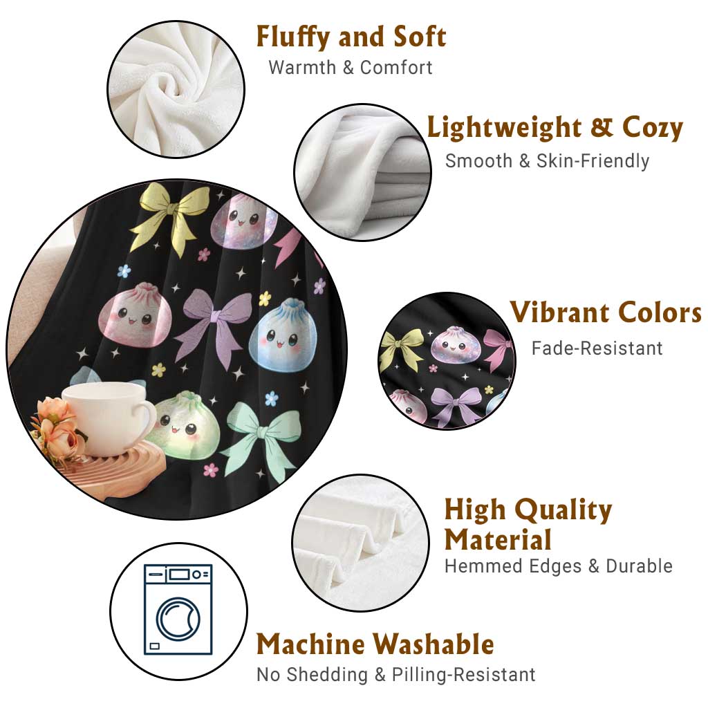 Kawaii Dumpling and Bows Aesthetic Graphic Throw Blanket Cute Pastel Bao Dim Sum Coquette Aesthetic