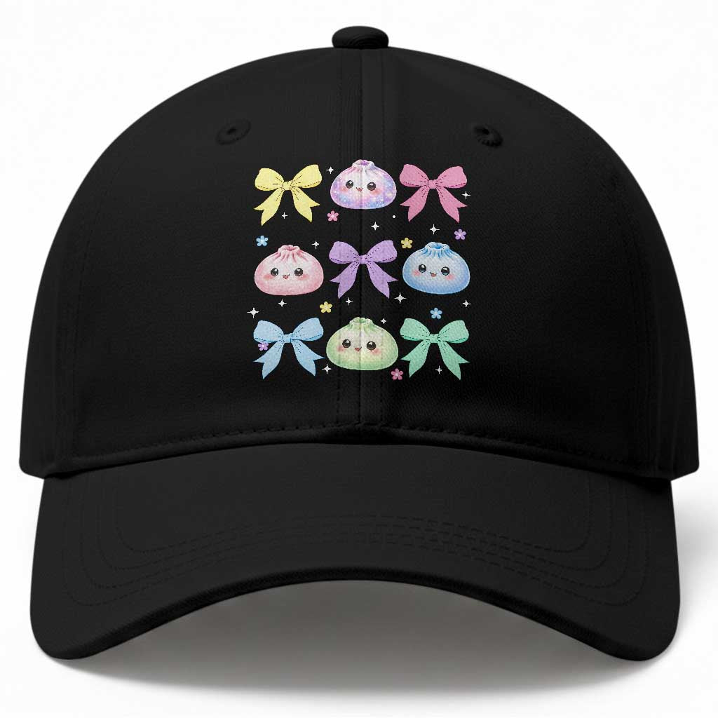 Kawaii Dumpling and Bows Aesthetic Graphic Baseball Cap Cute Pastel Bao Dim Sum Coquette Aesthetic