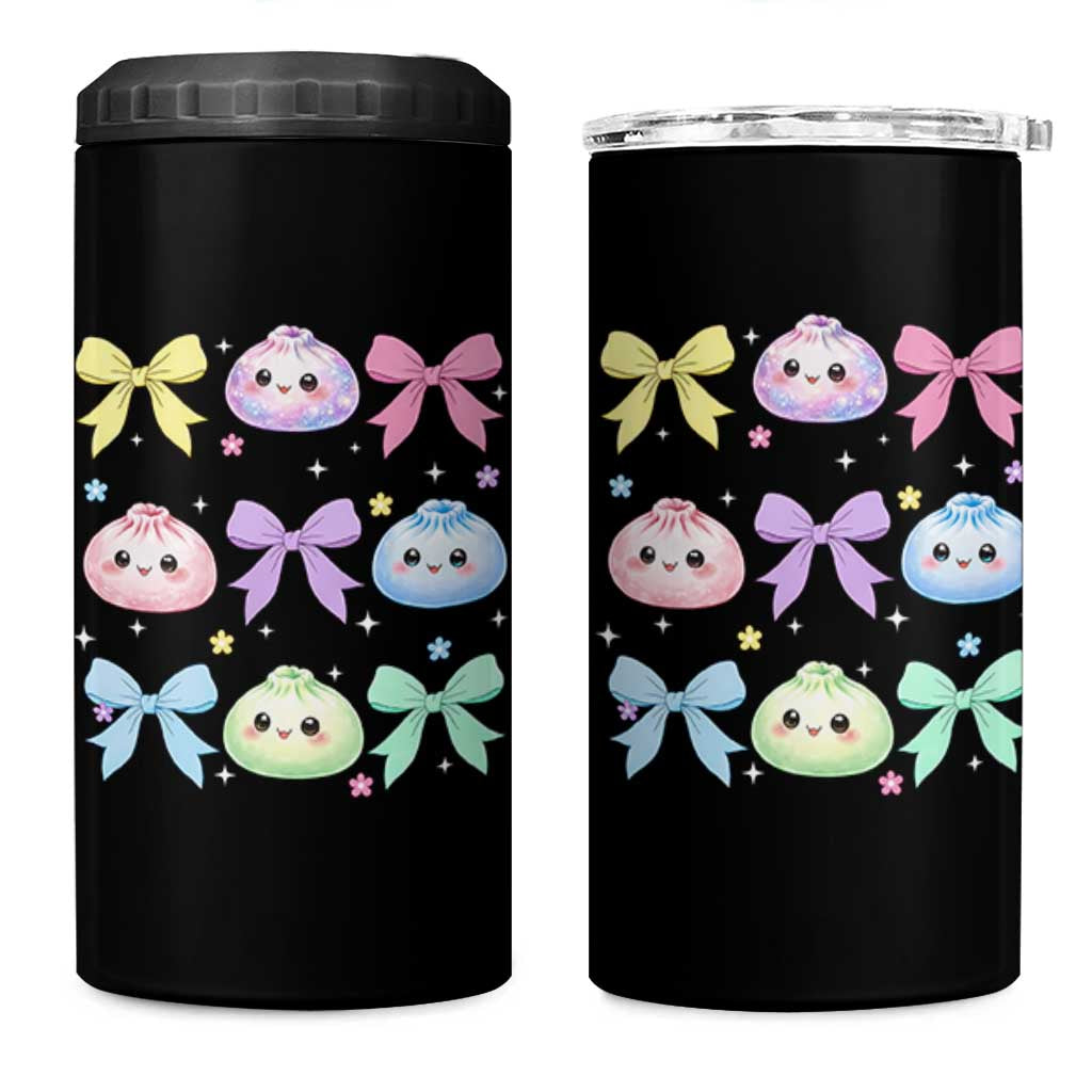 Kawaii Dumpling and Bows Aesthetic Graphic 4 in 1 Can Cooler Tumbler Cute Pastel Bao Dim Sum Coquette Aesthetic