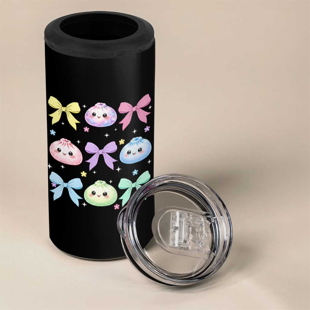 Kawaii Dumpling and Bows Aesthetic Graphic 4 in 1 Can Cooler Tumbler Cute Pastel Bao Dim Sum Coquette Aesthetic