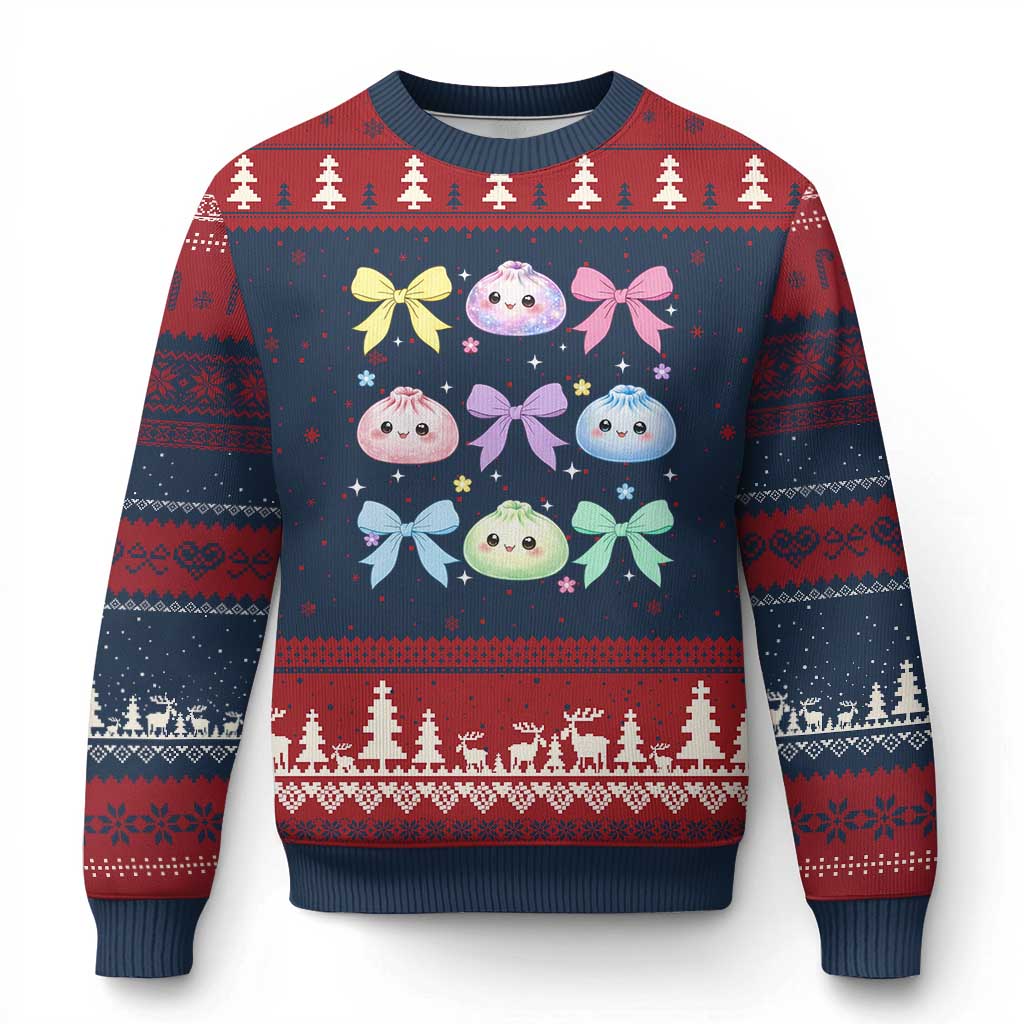 Kawaii Dumpling and Bows Aesthetic Graphic Ugly Christmas Sweater Cute Pastel Bao Dim Sum Coquette Aesthetic