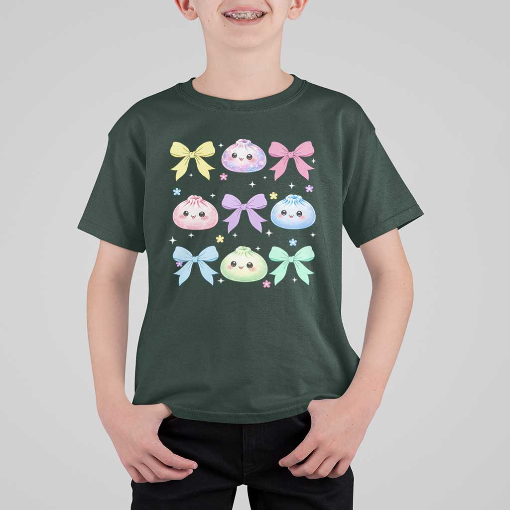 Kawaii Dumpling and Bows Aesthetic Graphic T Shirt For Kid Cute Pastel Bao Dim Sum Coquette Aesthetic