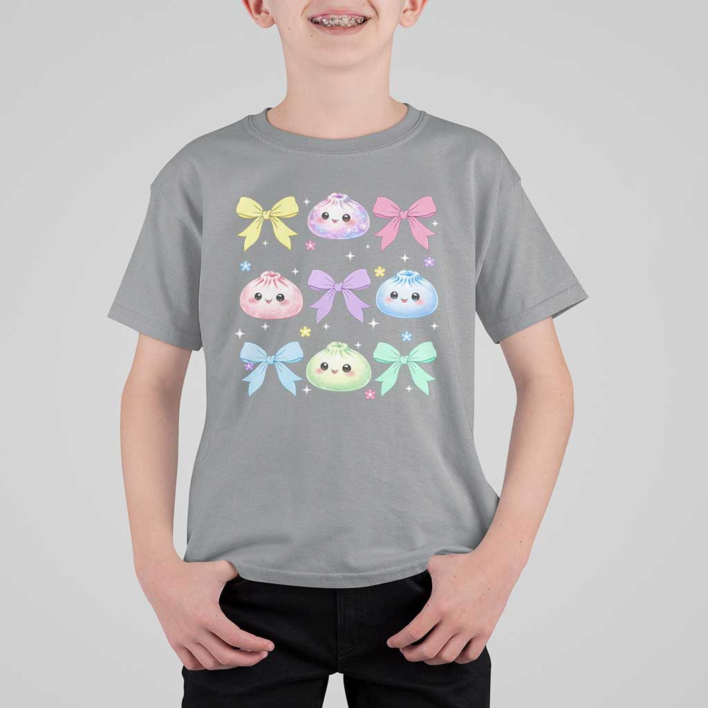 Kawaii Dumpling and Bows Aesthetic Graphic T Shirt For Kid Cute Pastel Bao Dim Sum Coquette Aesthetic