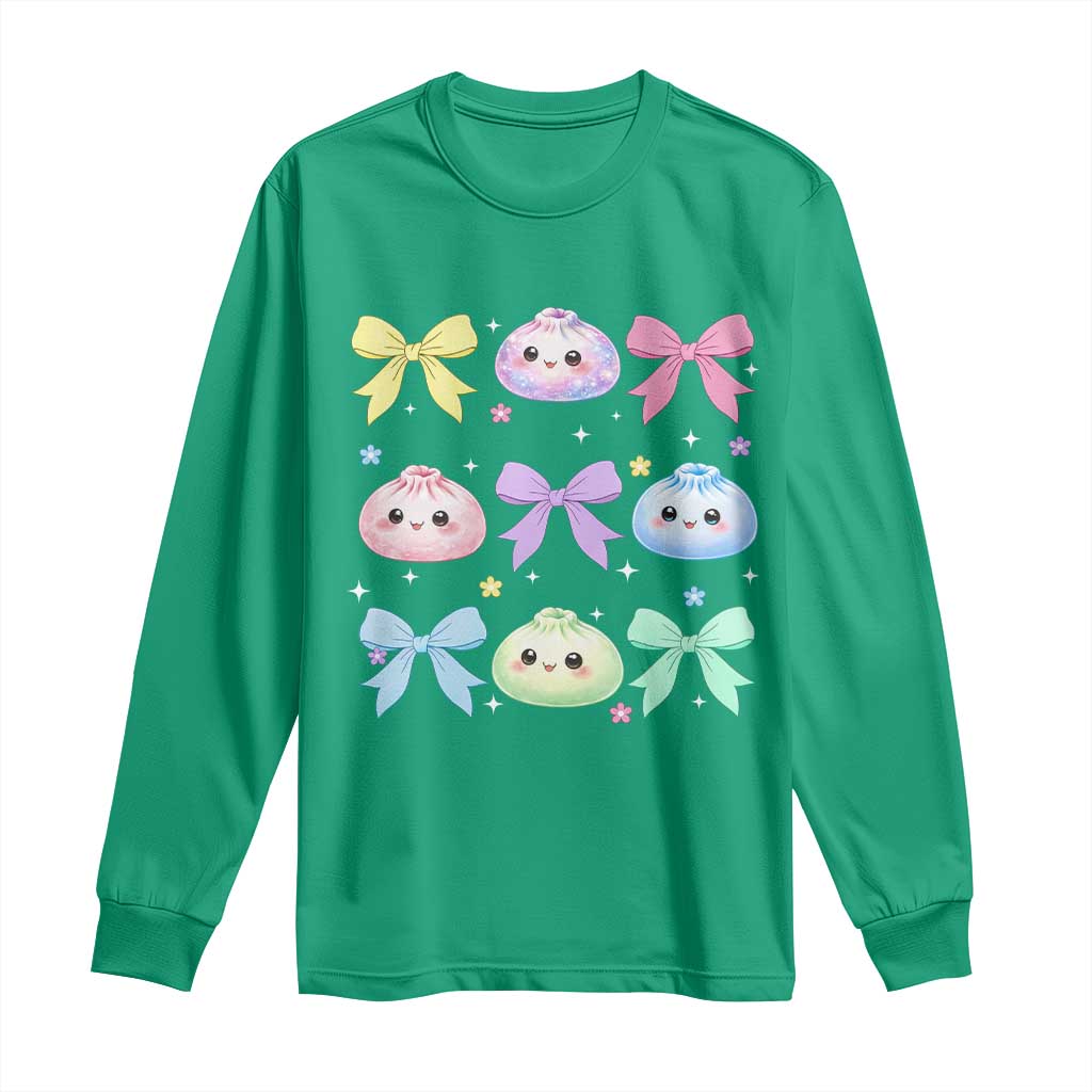 Kawaii Dumpling and Bows Aesthetic Graphic Long Sleeve Shirt Cute Pastel Bao Dim Sum Coquette Aesthetic