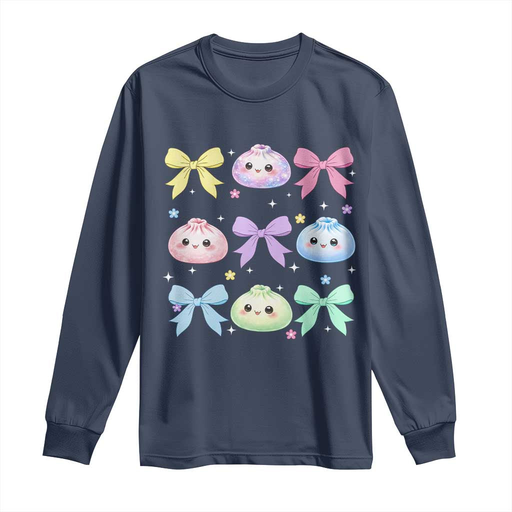 Kawaii Dumpling and Bows Aesthetic Graphic Long Sleeve Shirt Cute Pastel Bao Dim Sum Coquette Aesthetic