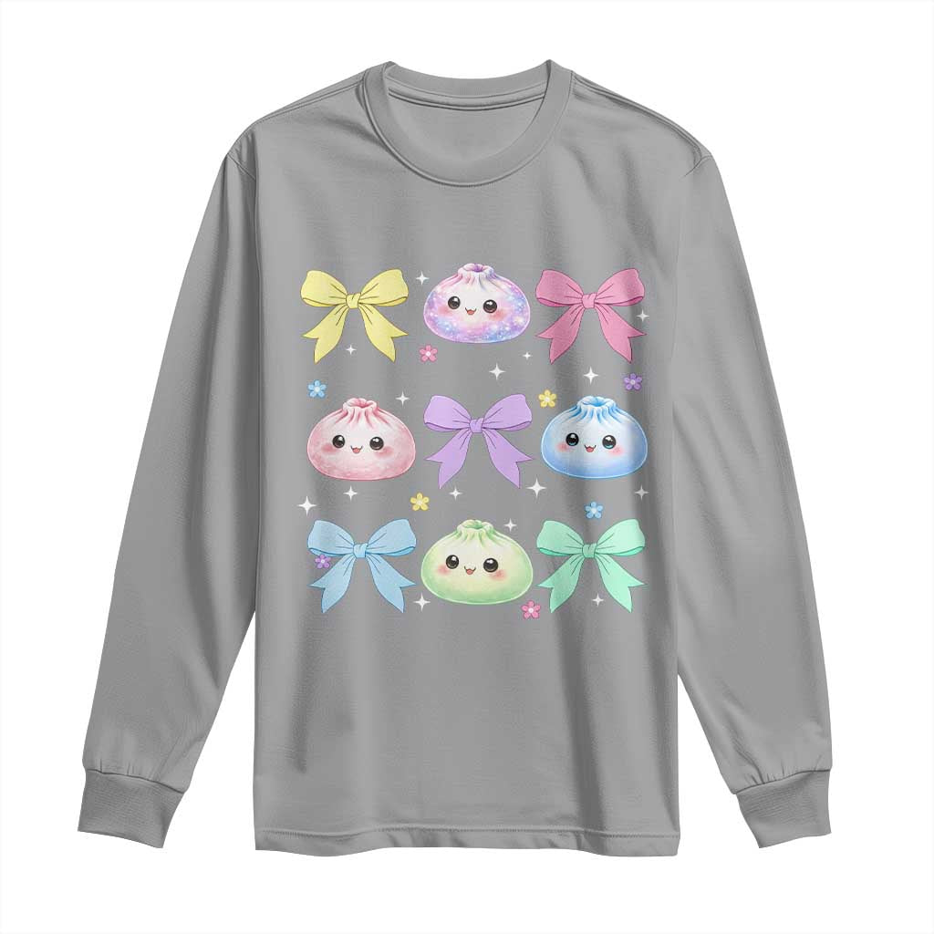 Kawaii Dumpling and Bows Aesthetic Graphic Long Sleeve Shirt Cute Pastel Bao Dim Sum Coquette Aesthetic