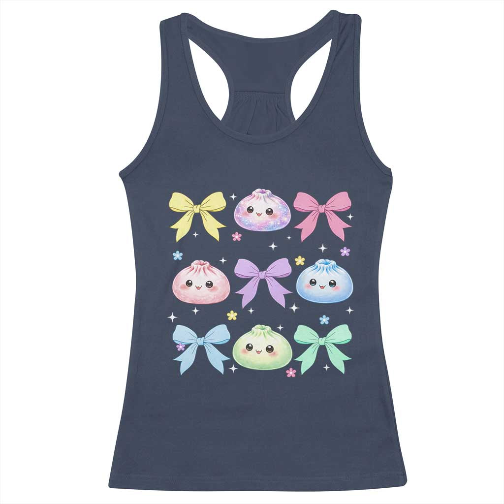 Kawaii Dumpling and Bows Aesthetic Graphic Racerback Tank Top Cute Pastel Bao Dim Sum Coquette Aesthetic