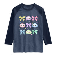 Kawaii Dumpling and Bows Aesthetic Graphic Raglan Shirt Cute Pastel Bao Dim Sum Coquette Aesthetic