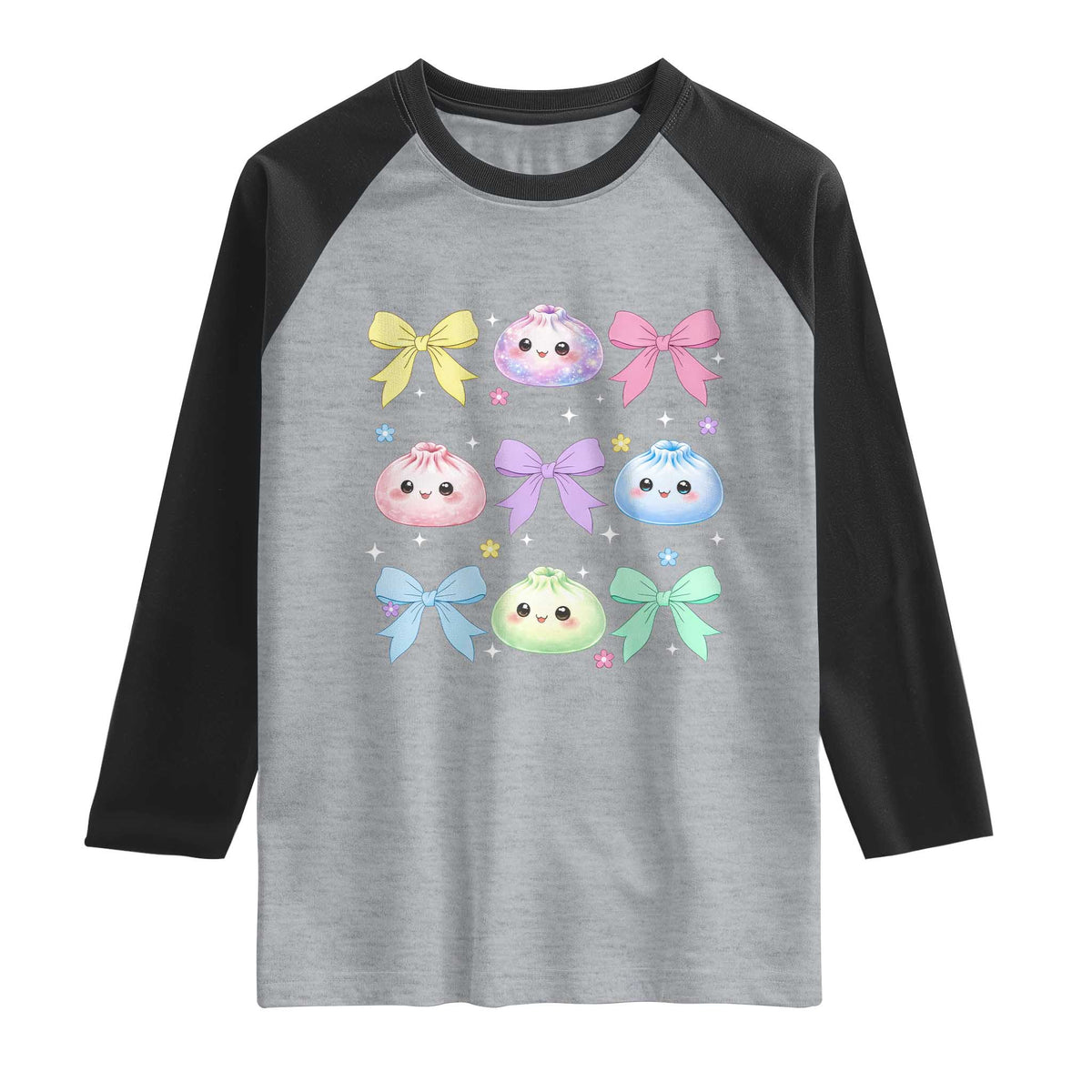 Kawaii Dumpling and Bows Aesthetic Graphic Raglan Shirt Cute Pastel Bao Dim Sum Coquette Aesthetic