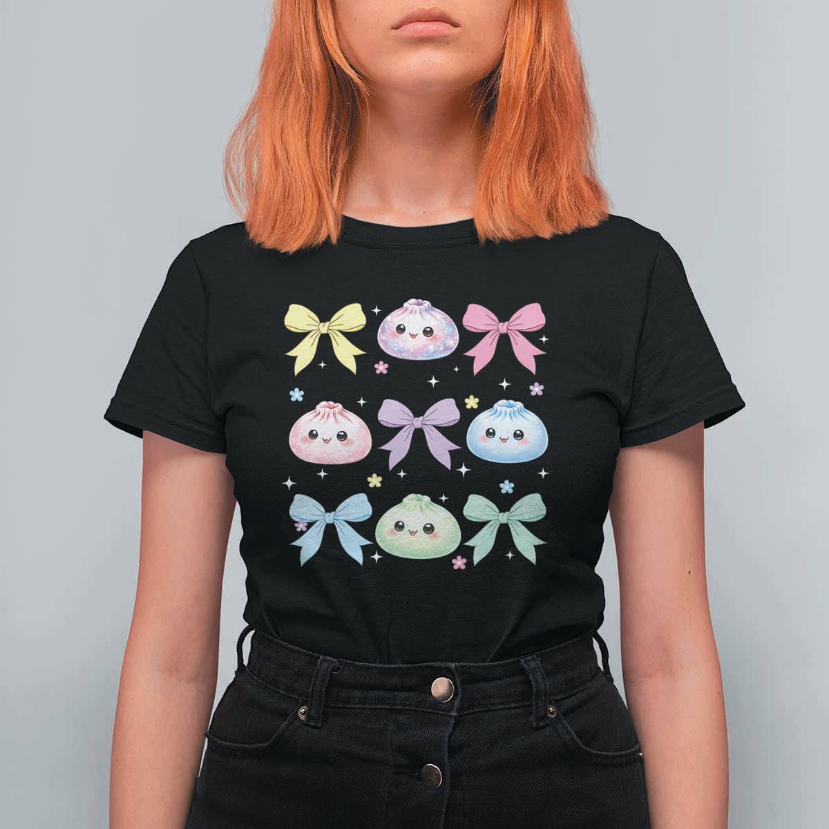 Kawaii Dumpling and Bows Aesthetic Graphic T Shirt For Women Cute Pastel Bao Dim Sum Coquette Aesthetic