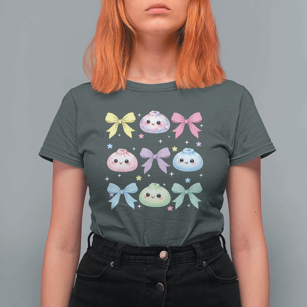 Kawaii Dumpling and Bows Aesthetic Graphic T Shirt For Women Cute Pastel Bao Dim Sum Coquette Aesthetic