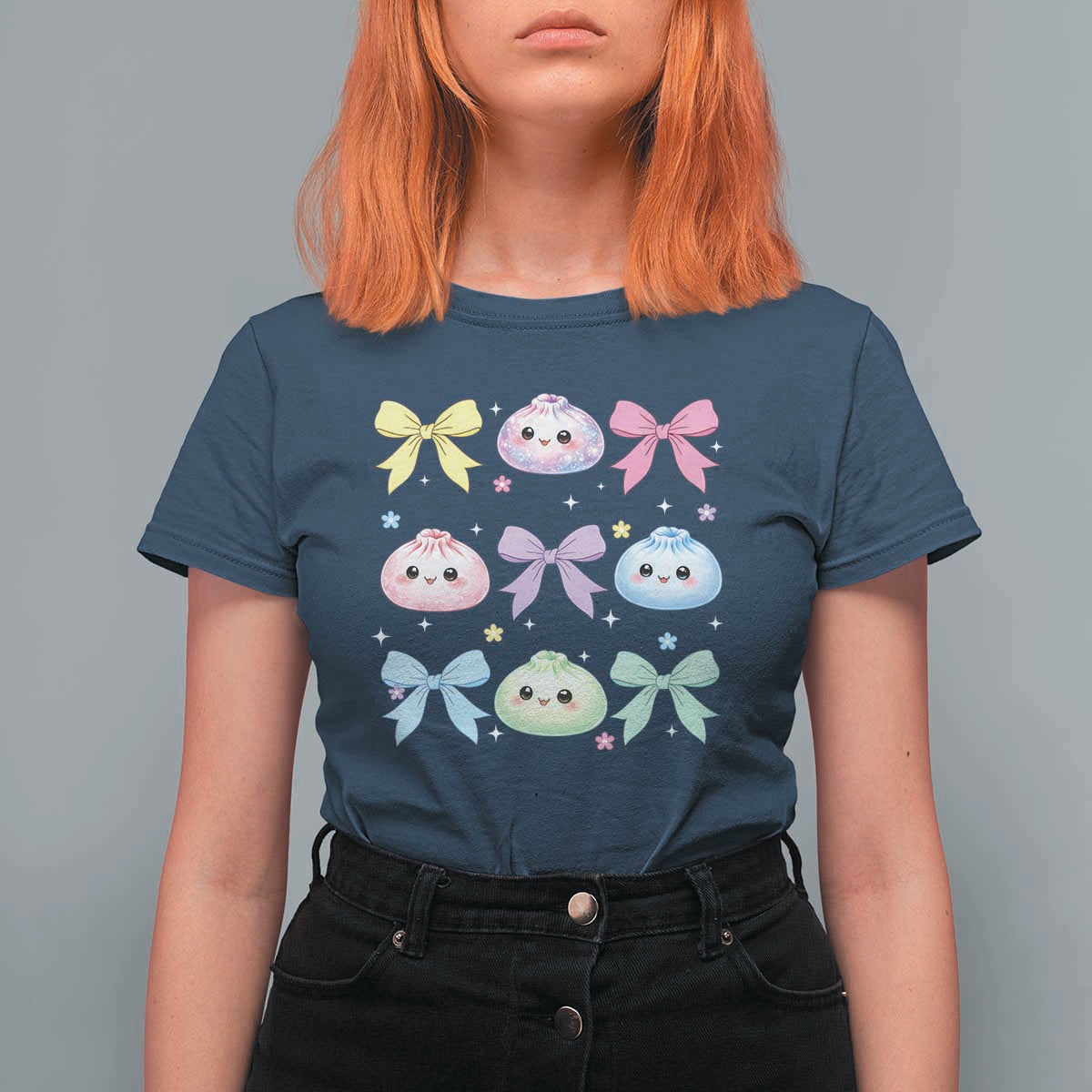 Kawaii Dumpling and Bows Aesthetic Graphic T Shirt For Women Cute Pastel Bao Dim Sum Coquette Aesthetic
