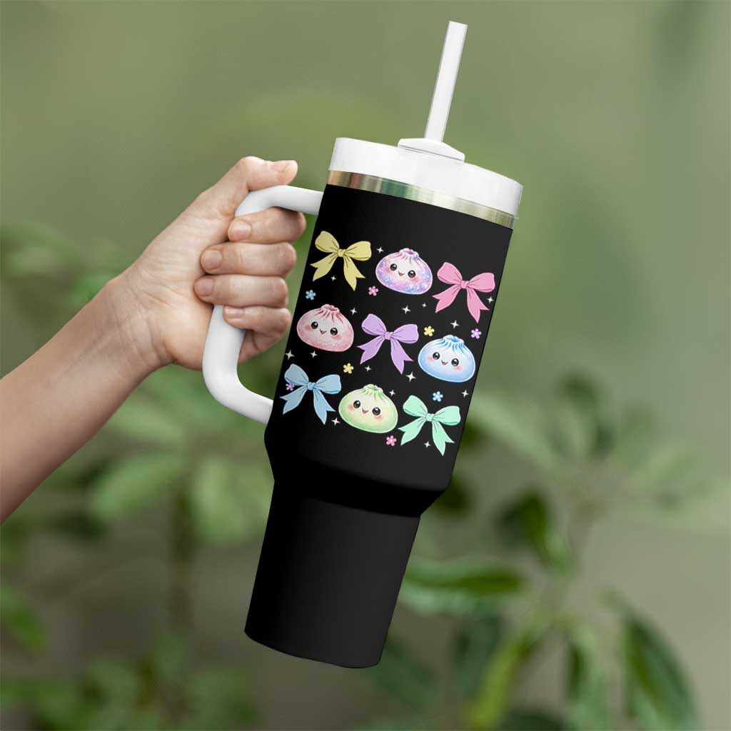 Kawaii Dumpling and Bows Aesthetic Graphic Tumbler With Handle Cute Pastel Bao Dim Sum Coquette Aesthetic