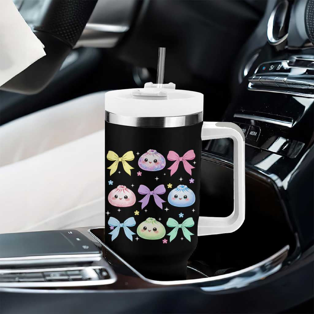 Kawaii Dumpling and Bows Aesthetic Graphic Tumbler With Handle Cute Pastel Bao Dim Sum Coquette Aesthetic