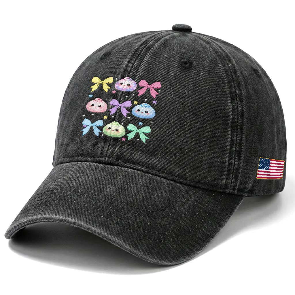 Kawaii Dumpling and Bows Aesthetic Graphic Washed Cotton Baseball Cap Cute Pastel Bao Dim Sum Coquette Aesthetic