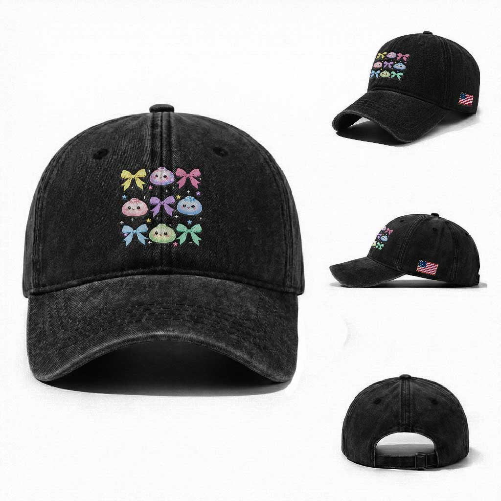 Kawaii Dumpling and Bows Aesthetic Graphic Washed Cotton Baseball Cap Cute Pastel Bao Dim Sum Coquette Aesthetic