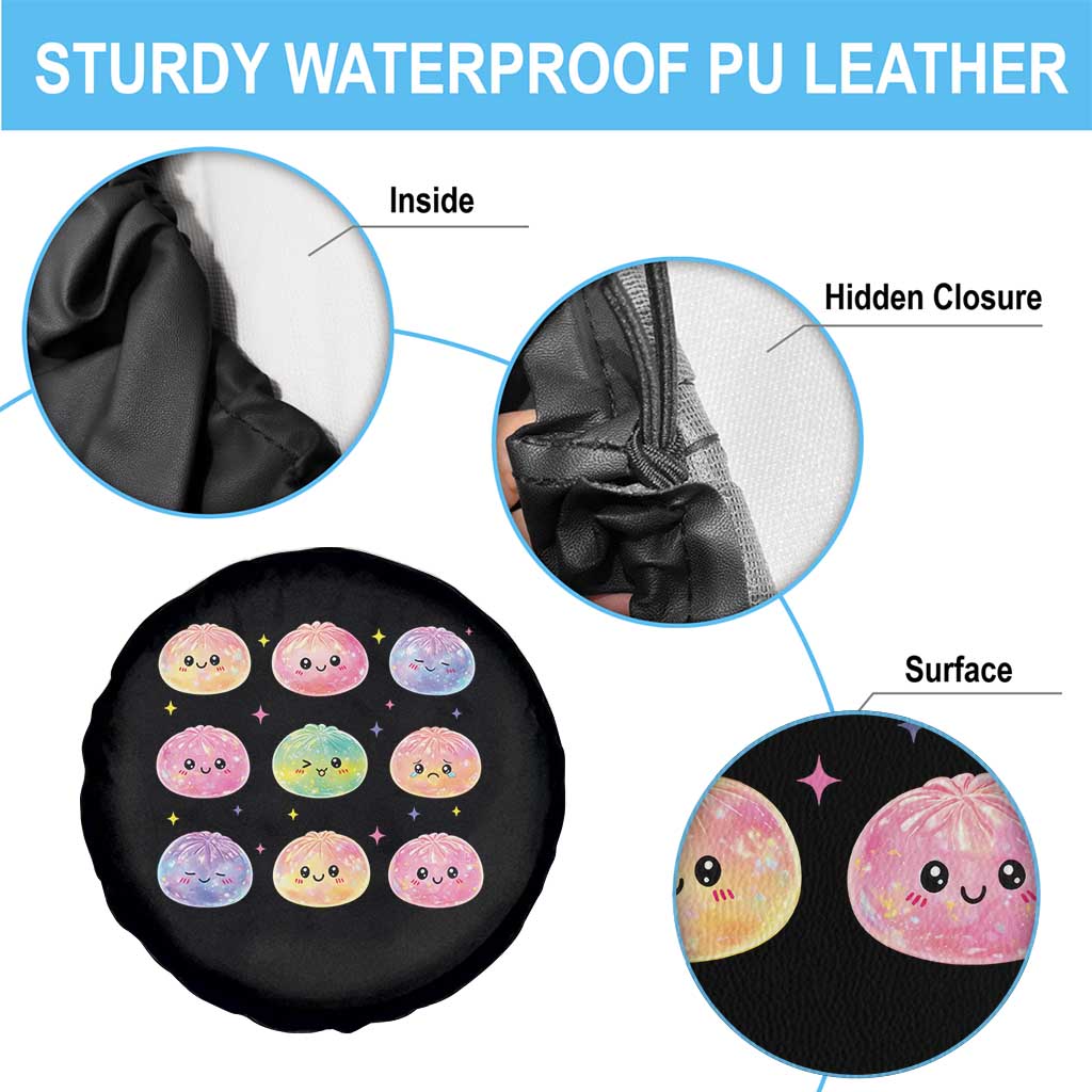 Kawaii Glitter Dumpling Face Grid Graphic Spare Tire Cover Cute Pastel Bao Emoji Expressions