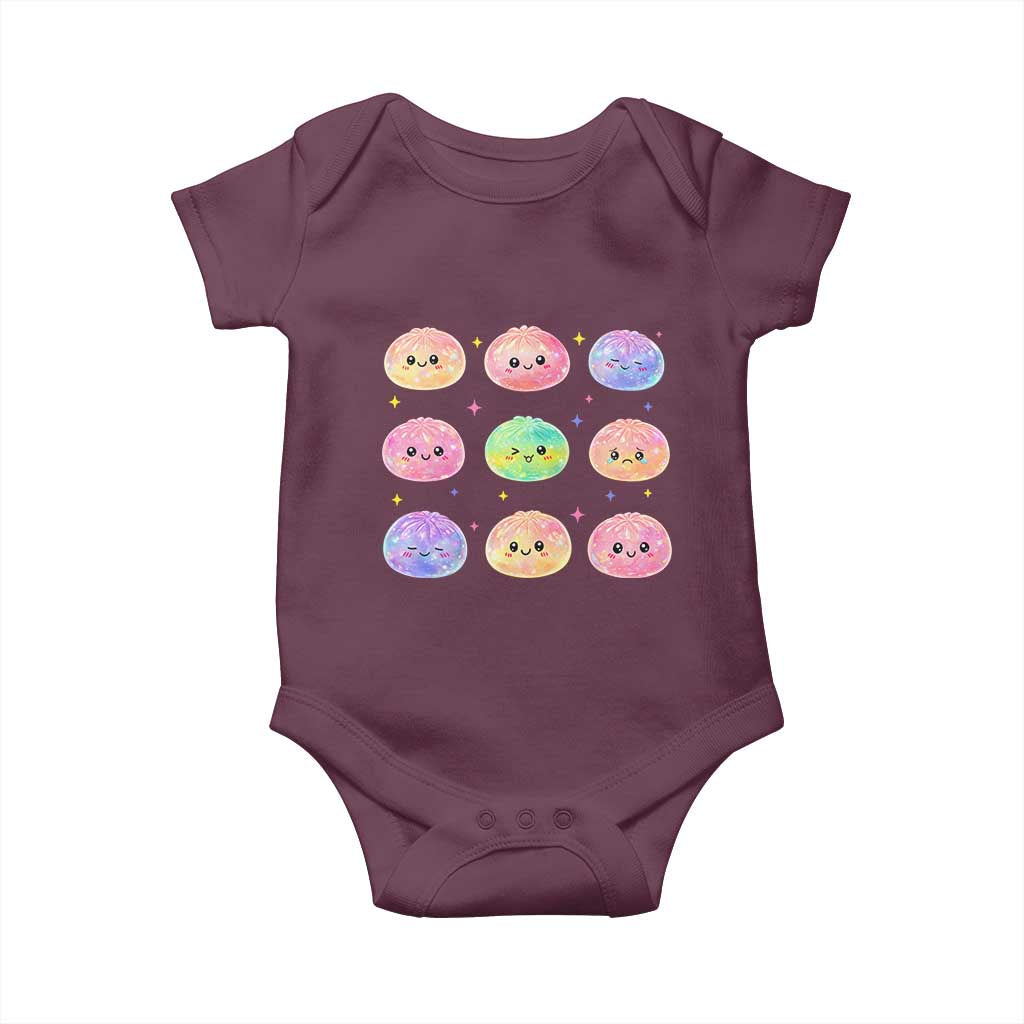 Kawaii Glitter Dumpling Face Grid Graphic Baby Onesie Cute Pastel Bao Emoji Expressions