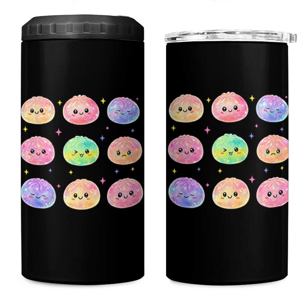 Kawaii Glitter Dumpling Face Grid Graphic 4 in 1 Can Cooler Tumbler Cute Pastel Bao Emoji Expressions