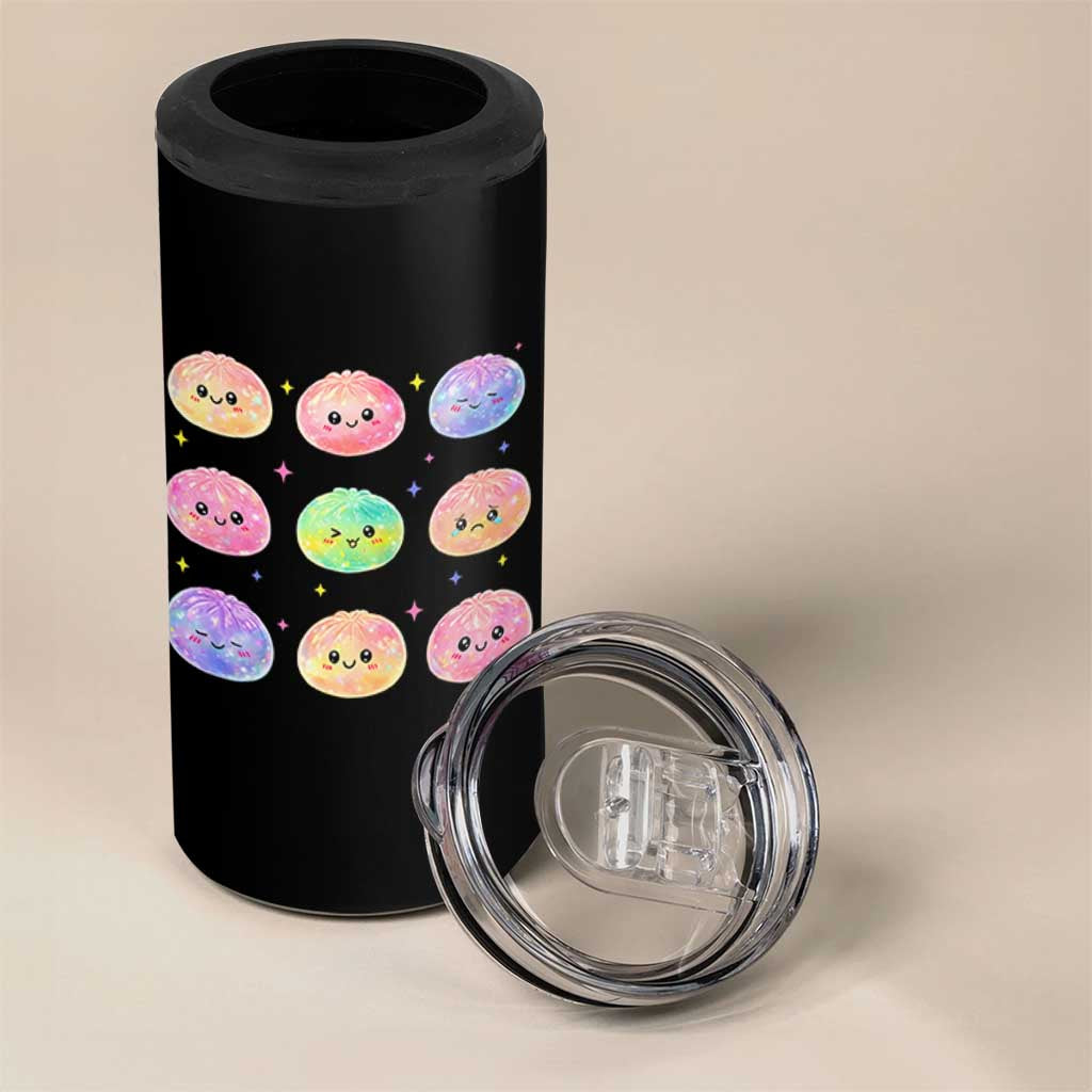 Kawaii Glitter Dumpling Face Grid Graphic 4 in 1 Can Cooler Tumbler Cute Pastel Bao Emoji Expressions