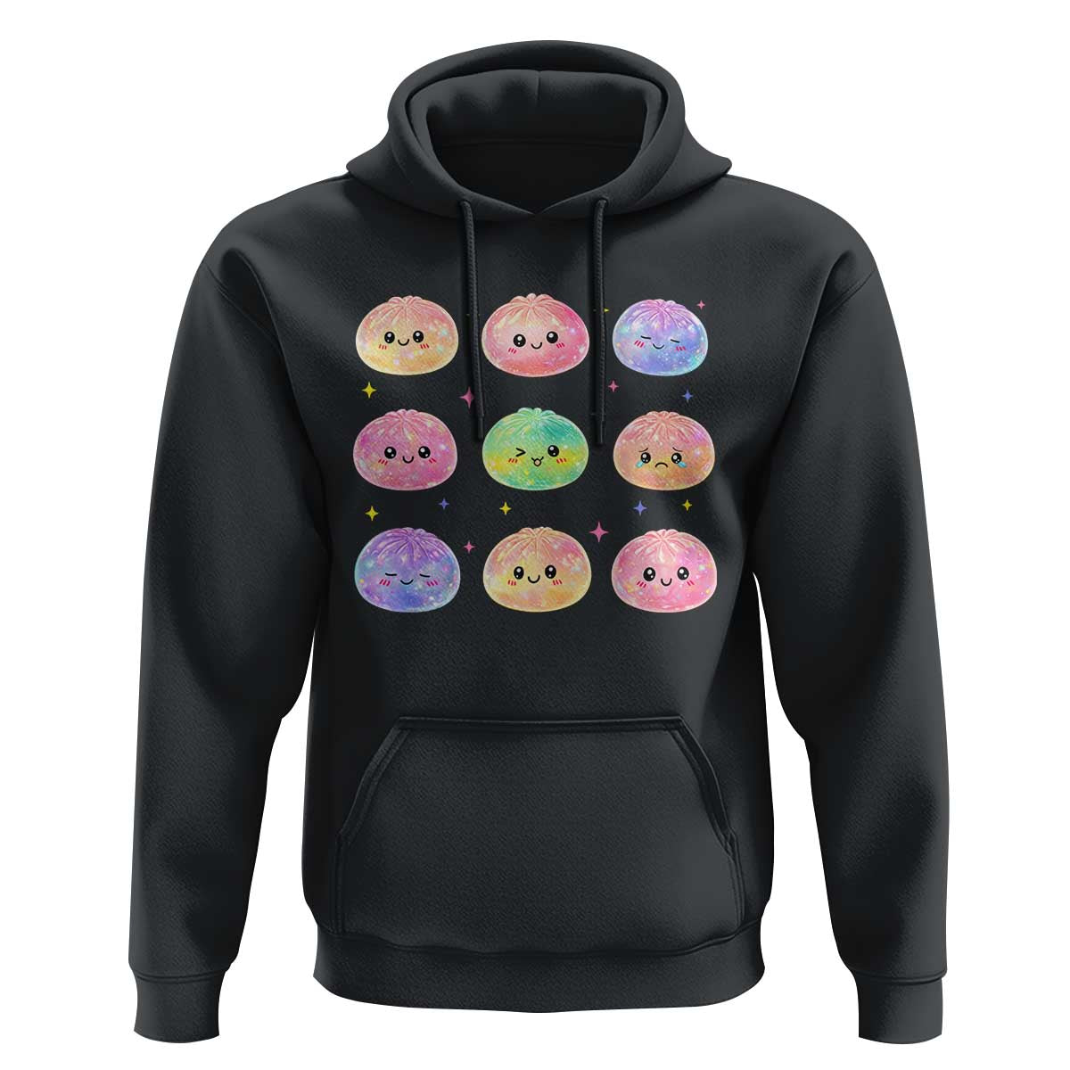 Kawaii Glitter Dumpling Face Grid Graphic Hoodie Cute Pastel Bao Emoji Expressions