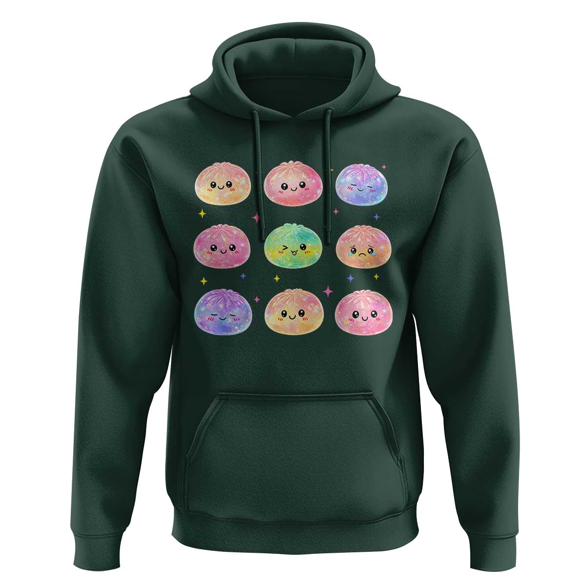 Kawaii Glitter Dumpling Face Grid Graphic Hoodie Cute Pastel Bao Emoji Expressions