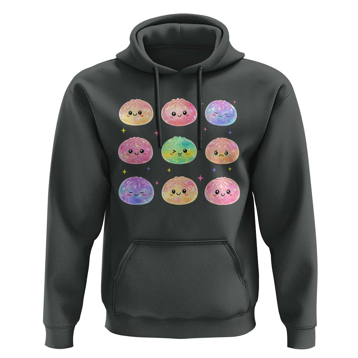 Kawaii Glitter Dumpling Face Grid Graphic Hoodie Cute Pastel Bao Emoji Expressions