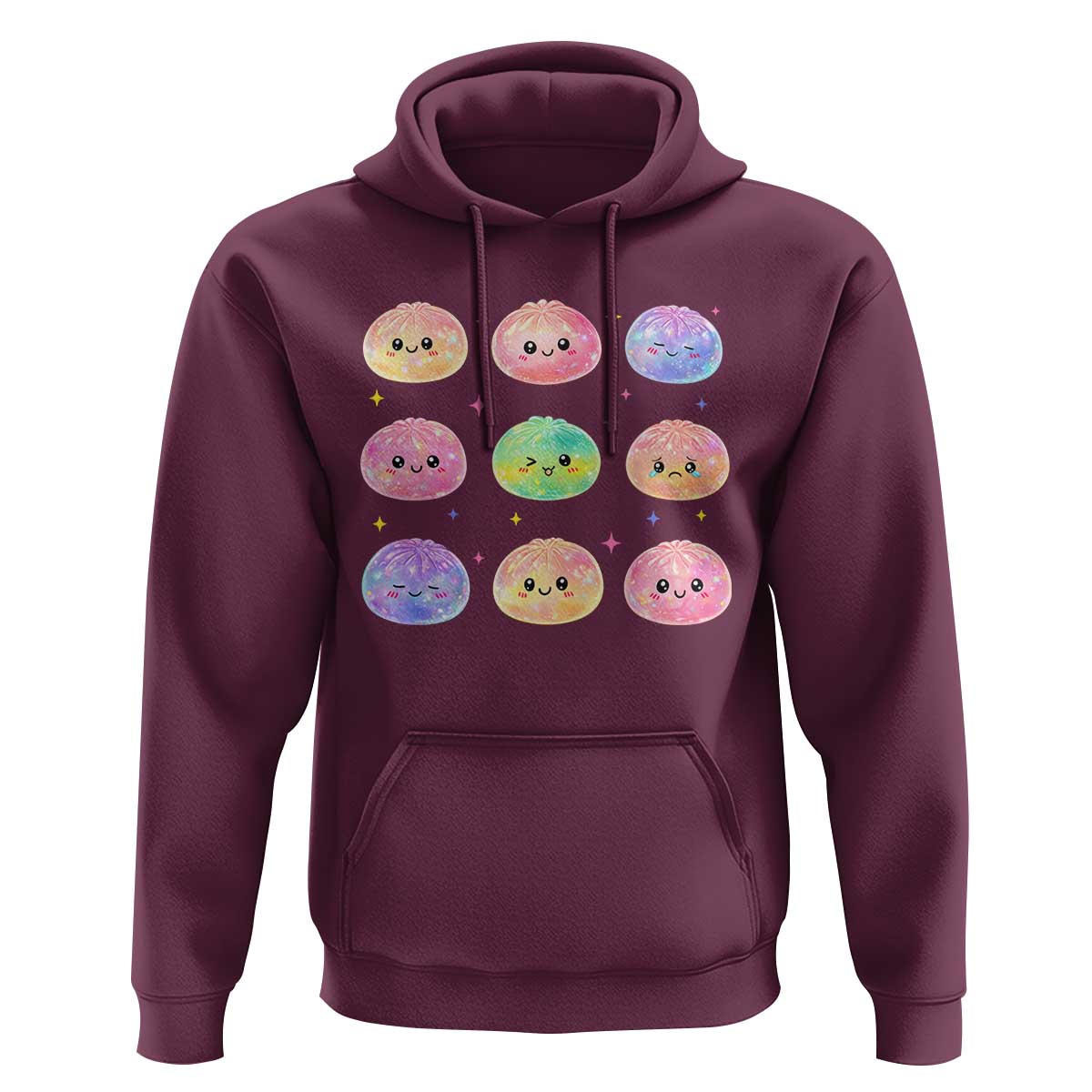 Kawaii Glitter Dumpling Face Grid Graphic Hoodie Cute Pastel Bao Emoji Expressions