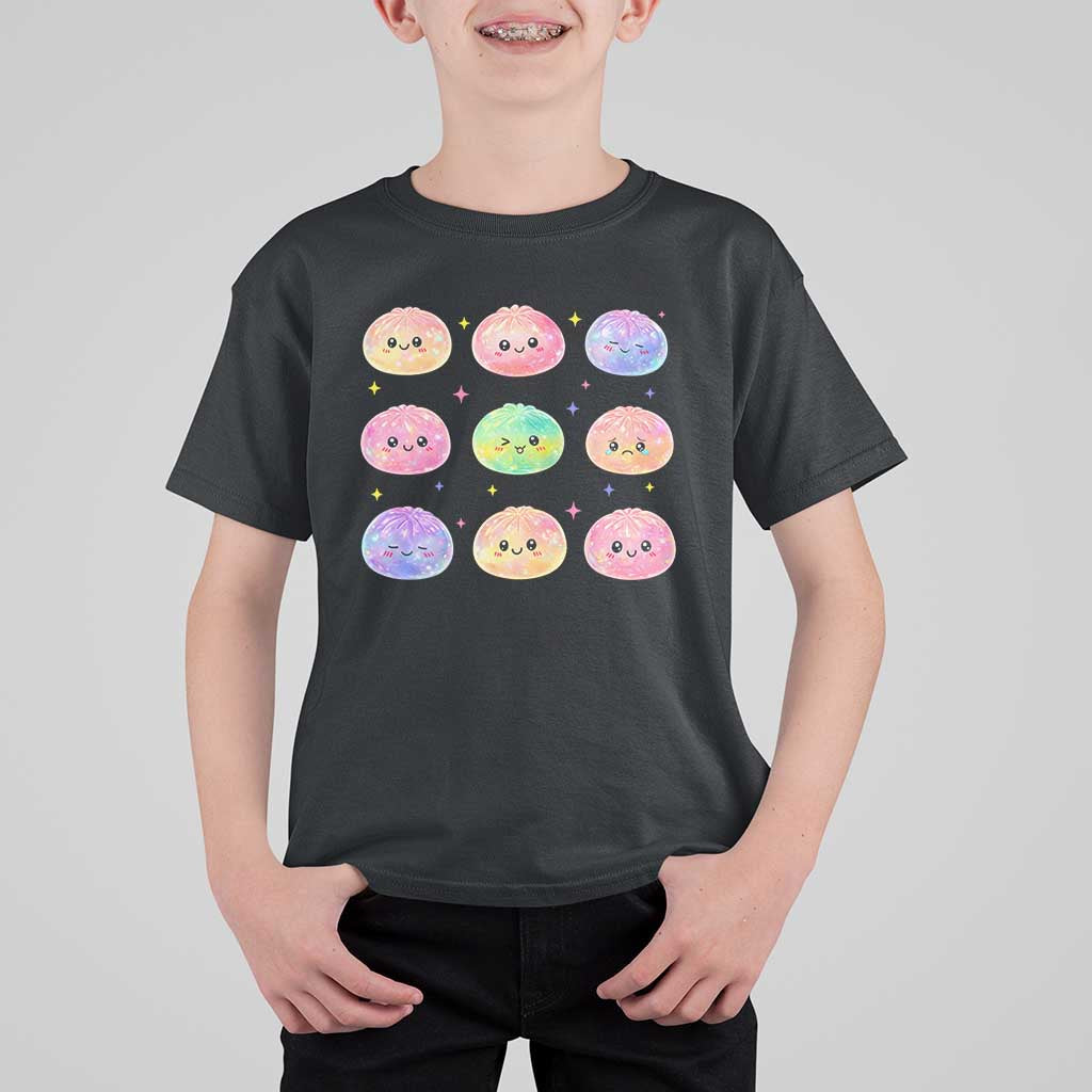 Kawaii Glitter Dumpling Face Grid Graphic T Shirt For Kid Cute Pastel Bao Emoji Expressions