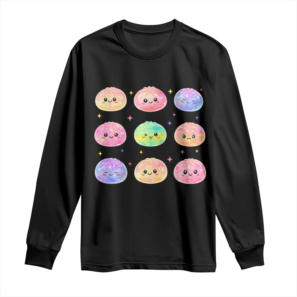 Kawaii Glitter Dumpling Face Grid Graphic Long Sleeve Shirt Cute Pastel Bao Emoji Expressions