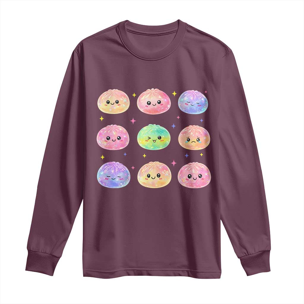 Kawaii Glitter Dumpling Face Grid Graphic Long Sleeve Shirt Cute Pastel Bao Emoji Expressions