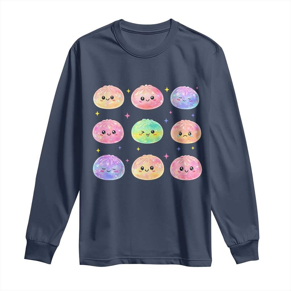 Kawaii Glitter Dumpling Face Grid Graphic Long Sleeve Shirt Cute Pastel Bao Emoji Expressions
