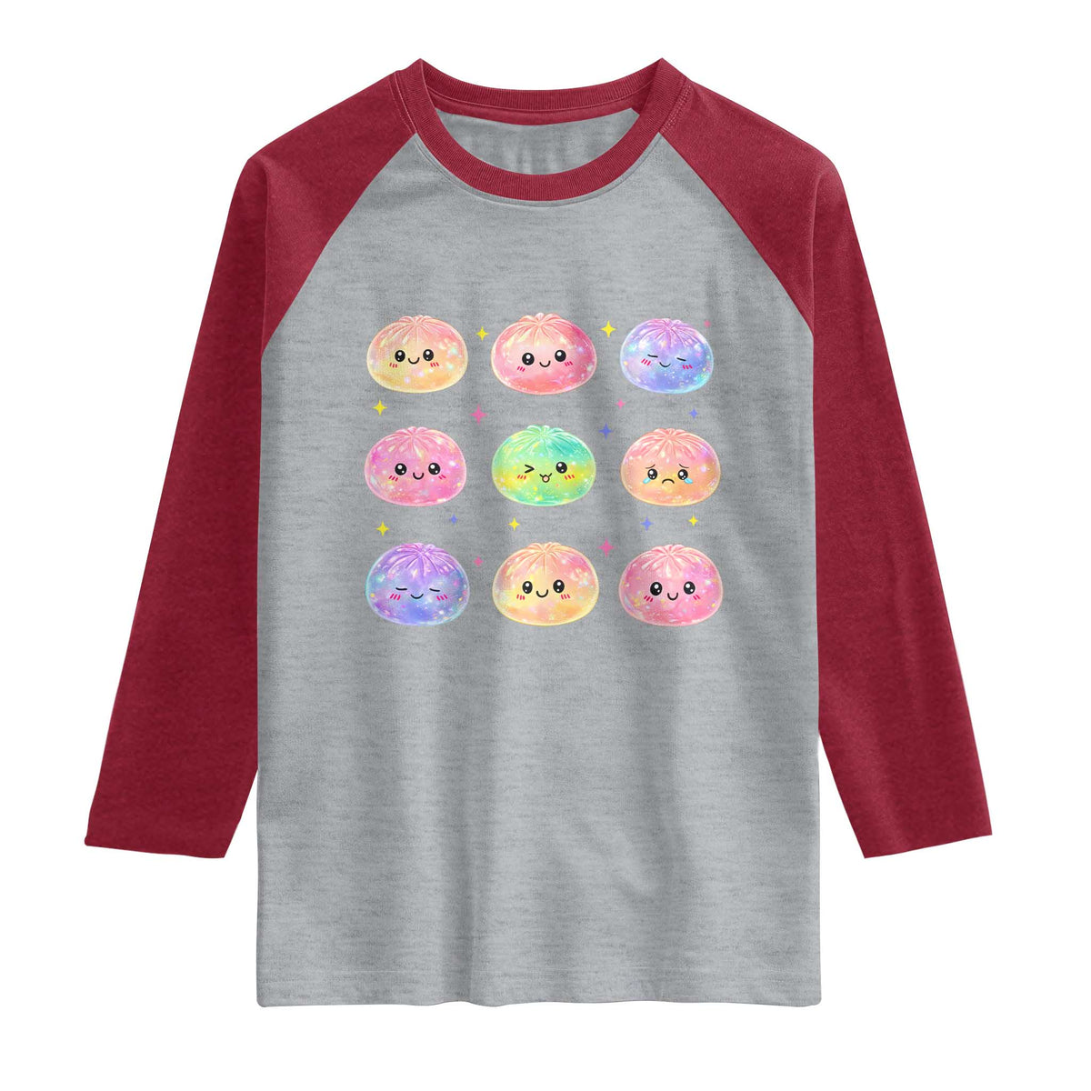 Kawaii Glitter Dumpling Face Grid Graphic Raglan Shirt Cute Pastel Bao Emoji Expressions