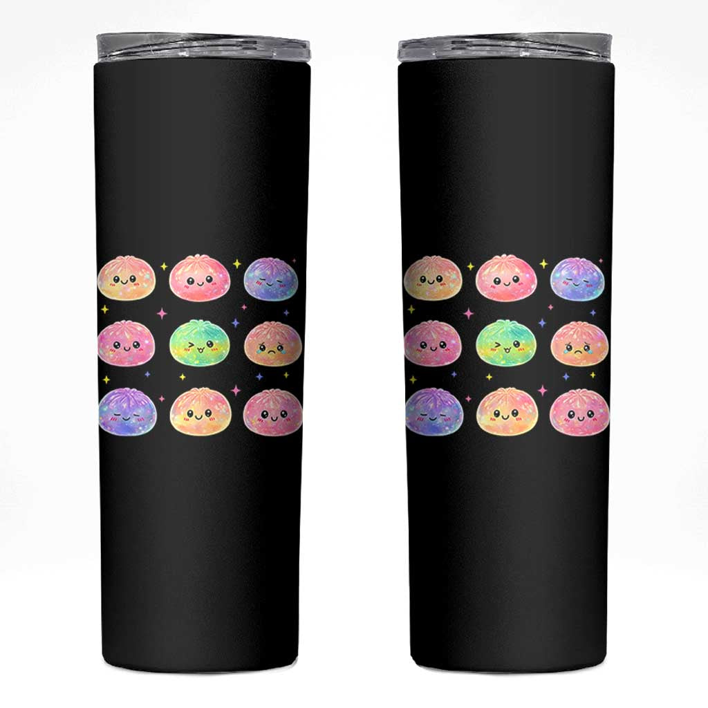 Kawaii Glitter Dumpling Face Grid Graphic Skinny Tumbler Cute Pastel Bao Emoji Expressions