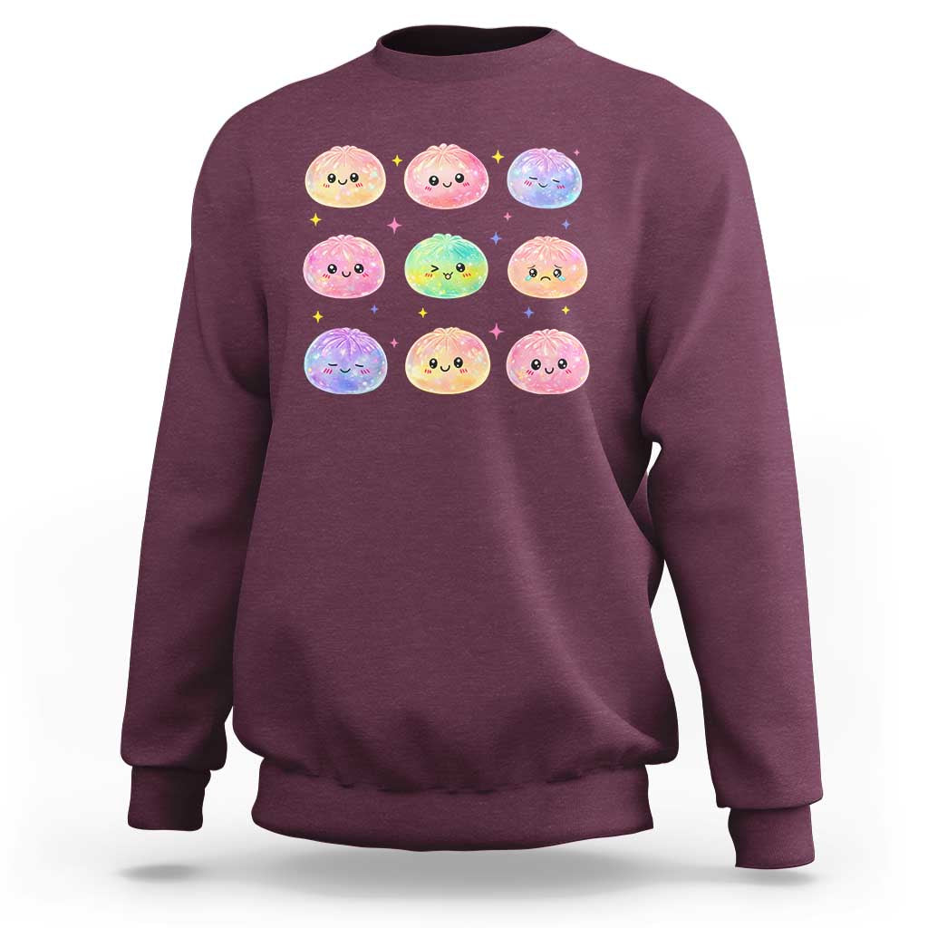 Kawaii Glitter Dumpling Face Grid Graphic Sweatshirt Cute Pastel Bao Emoji Expressions