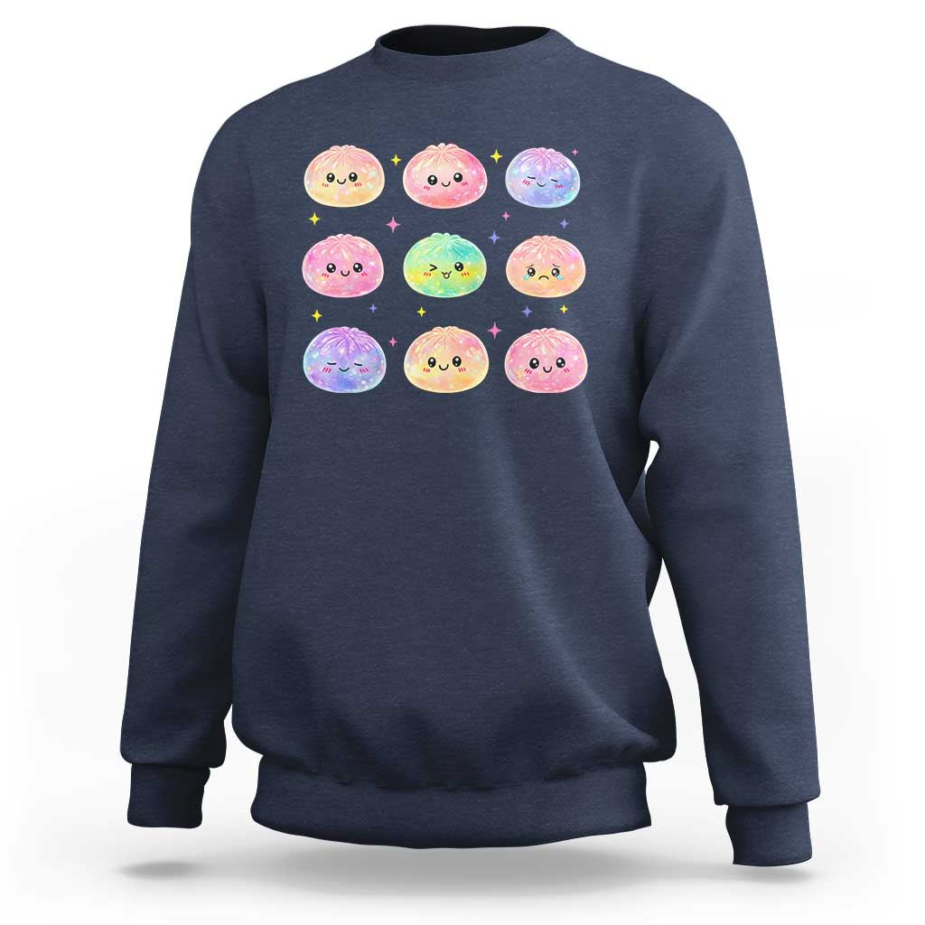 Kawaii Glitter Dumpling Face Grid Graphic Sweatshirt Cute Pastel Bao Emoji Expressions