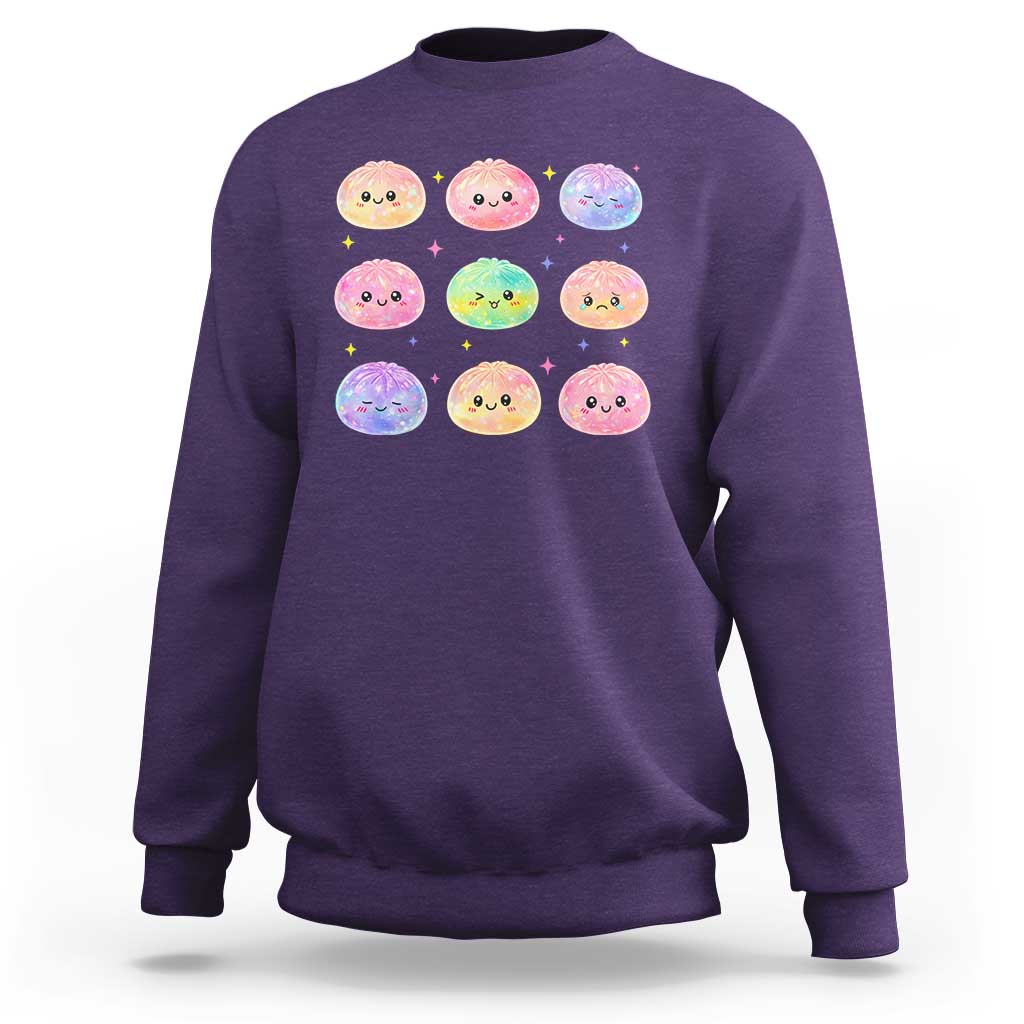 Kawaii Glitter Dumpling Face Grid Graphic Sweatshirt Cute Pastel Bao Emoji Expressions