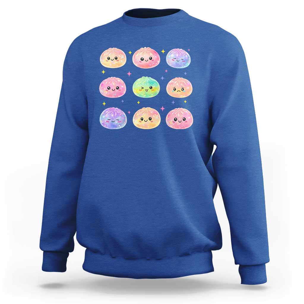 Kawaii Glitter Dumpling Face Grid Graphic Sweatshirt Cute Pastel Bao Emoji Expressions