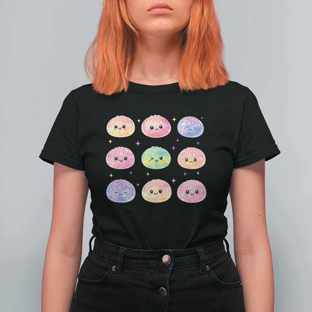 Kawaii Glitter Dumpling Face Grid Graphic T Shirt For Women Cute Pastel Bao Emoji Expressions