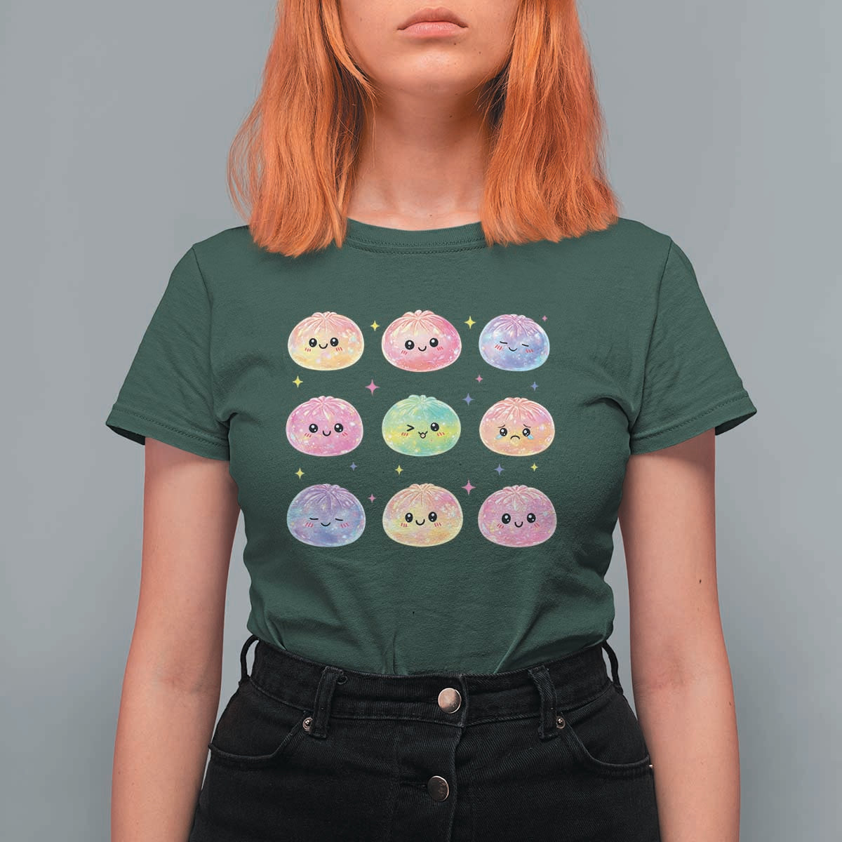 Kawaii Glitter Dumpling Face Grid Graphic T Shirt For Women Cute Pastel Bao Emoji Expressions