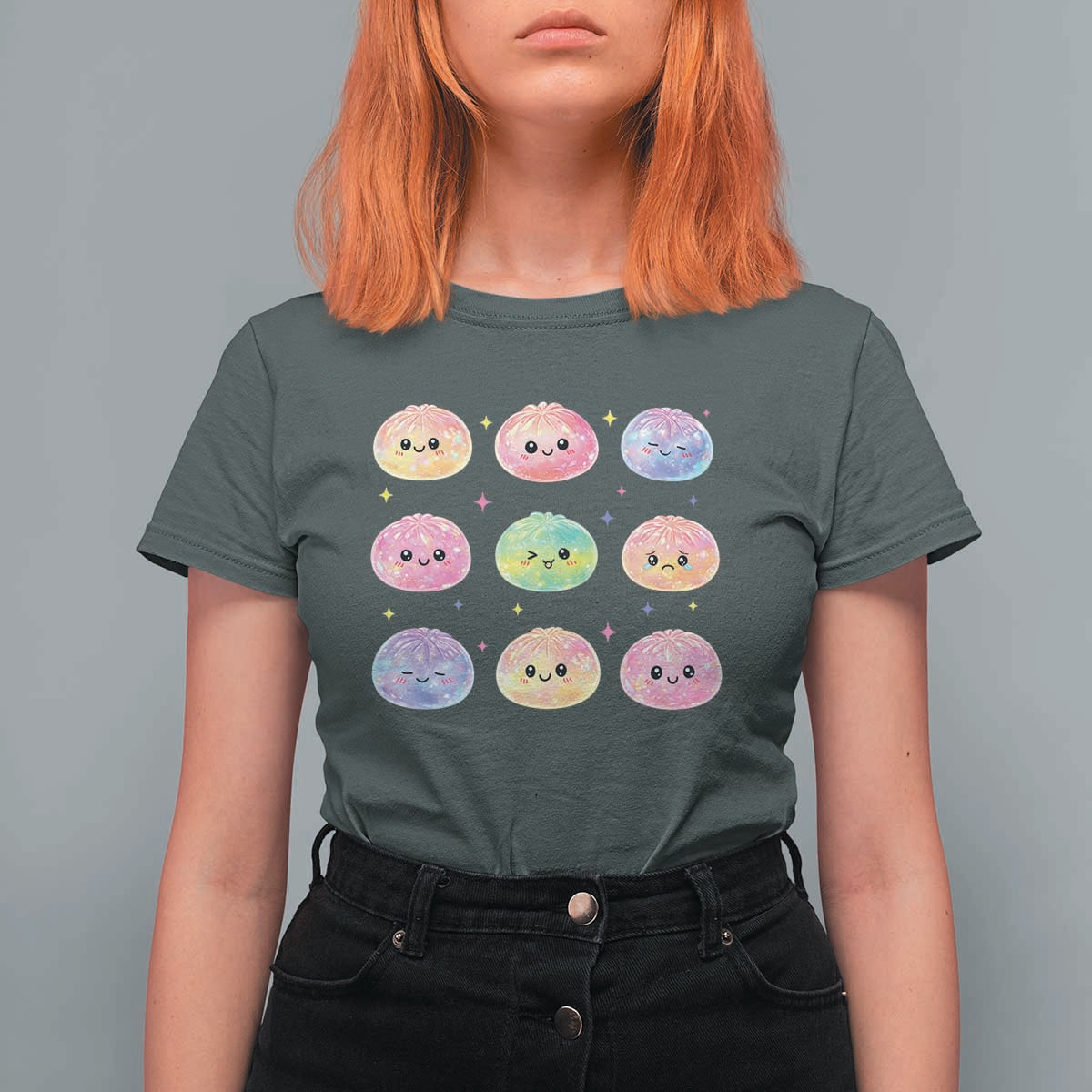 Kawaii Glitter Dumpling Face Grid Graphic T Shirt For Women Cute Pastel Bao Emoji Expressions