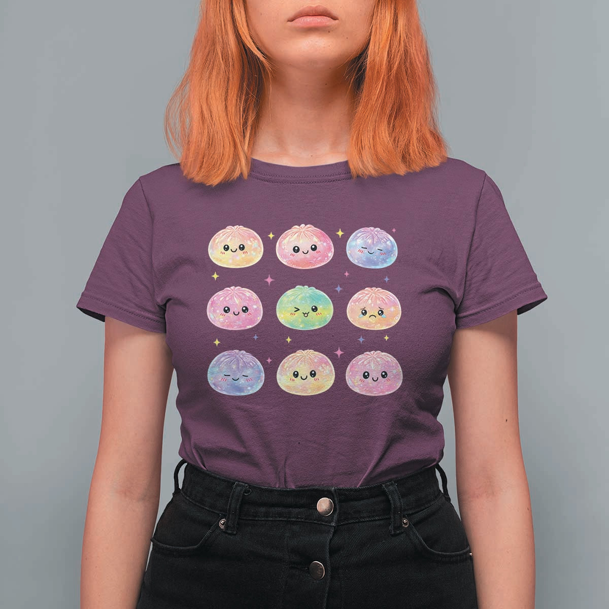 Kawaii Glitter Dumpling Face Grid Graphic T Shirt For Women Cute Pastel Bao Emoji Expressions
