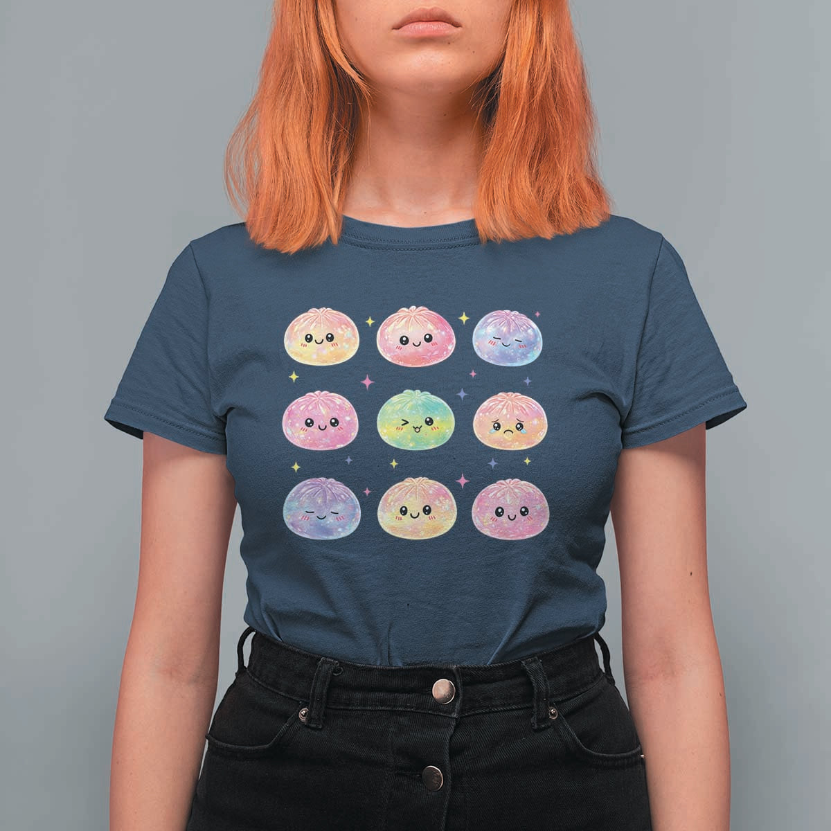 Kawaii Glitter Dumpling Face Grid Graphic T Shirt For Women Cute Pastel Bao Emoji Expressions